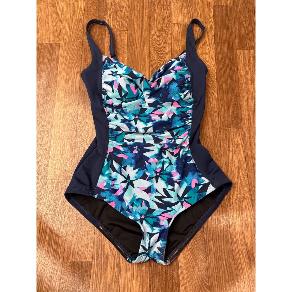 Gabar Womens Floral Ruched One Piece Swimsuit Navy Blue Teal Pink Size 12 G09221
